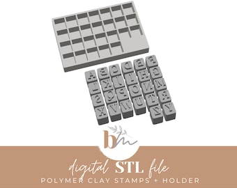 May include: A 3D printed alphabet stamp set with a holder. The set includes 26 individual stamps, one for each letter of the alphabet, and a holder with 26 compartments to store the stamps. The stamps are gray and the holder is light gray.