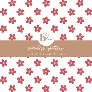 May include: A seamless pattern featuring a repeating design of small, pink flowers on a white background. The pattern is 12 inches by 12 inches and has a resolution of 300 DPI. The file format is JPG.