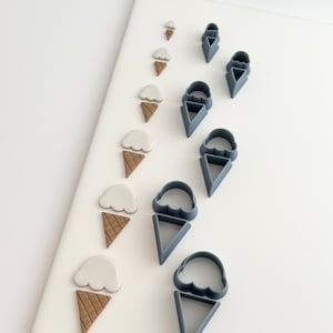 Può includere: Un set di sette diversi tagliapasta in plastica blu a forma di cono gelato di diverse dimensioni. I tagliapasta sono disposti in fila dal più piccolo al più grande. Ci sono anche sette coni gelato bianchi e marroni sulla superficie bianca.
