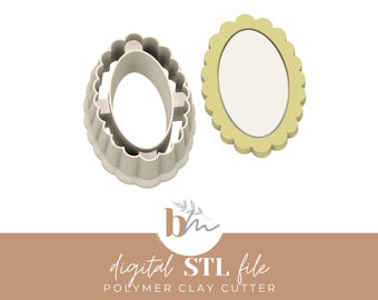 May include: Two oval-shaped polymer clay cutters. One is a beige cutter with a scalloped edge, and the other is a yellow oval with a scalloped edge. The text "digital STL file" and "polymer clay cutter" is visible.