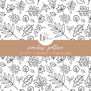 May include: A seamless pattern featuring black line drawings of various leaves and branches on a white background. The pattern is 12 inches by 12 inches and 300 DPI. The pattern is available in PNG and JPG formats.