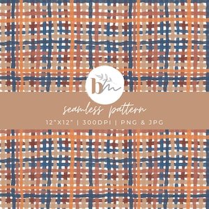 May include: Seamless pattern digital paper with a plaid design in shades of orange, brown, blue, and white. The pattern is 12 inches by 12 inches and 300 DPI. The file is available in PNG and JPG formats.