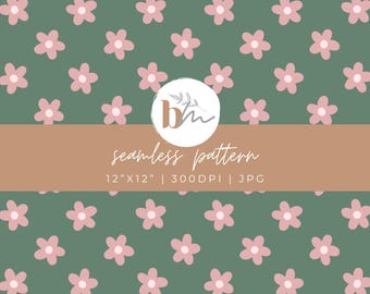 Sage Green and Pink Retro Flowers | Digital Seamless Pattern | PNG, JPG | Instant Download | Commercial Use Included