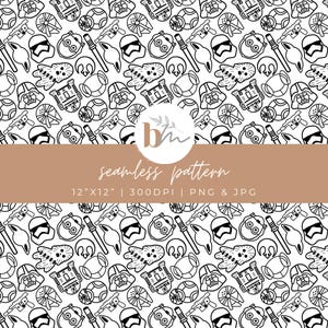 May include: Black and white seamless pattern featuring Star Wars characters and elements. The design includes illustrations of Darth Vader, Stormtroopers, lightsabers, and other iconic symbols. The text "seamless pattern" is displayed on a brown banner, along with dimensions and file type.
