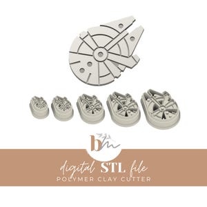 May include: A set of light grey polymer clay cutters shaped like the Millennium Falcon. The cutters are in different sizes, with the largest at the top. The text "digital STL file" and "polymer clay cutter" is visible.