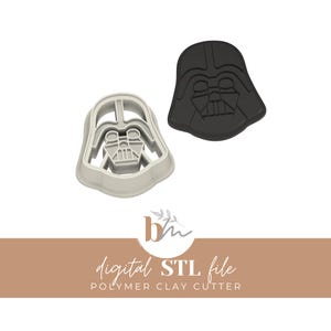 May include: Two Darth Vader head-shaped polymer clay cutters. One is a light grey outline, and the other is a solid black shape. The cutters are for use with polymer clay. The text "digital STL file" is visible.