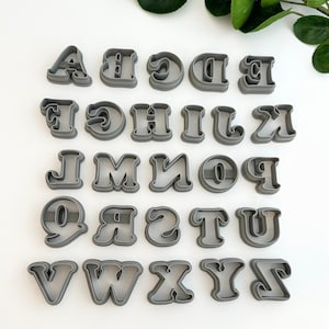 Könnte beinhalten: Ein Satz grauer Buchstaben-Ausstecher aus Kunststoff, in Reihen angeordnet. Die Buchstaben sind in einer abgerundeten, fetten Schriftart gehalten. Grüne Blätter sind im Hintergrund zu sehen.