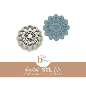 May include: Two flower-shaped polymer clay cutters. One is light gray, with a detailed petal design. The other is a solid, light blue, with a simpler petal design. The text "digital STL file" and "POLYMER CLAY CUTTER" is below the cutters.