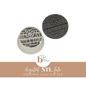 May include: Two polymer clay cutters shaped like the Death Star. One is light beige, the other dark grey. The text "digital STL file" and "POLYMER CLAY CUTTER" is printed on a brown background.