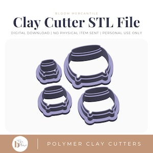 May include: A set of four purple cauldron-shaped clay cutters in varying sizes. The image includes the text Bloom Mercantile, Clay Cutter STL File, Digital Download, No Physical Item Sent, Personal Use Only, and Polymer Clay Cutters.