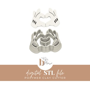 Op de afbeelding: Twee koekjessnijders in de vorm van handen die een hart vormen. De bovenste snijder is een plat ontwerp, terwijl de onderste snijder een driedimensionale mal is. De tekst "digital STL file POLYMER CLAY CUTTER" staat onderaan.