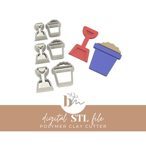 May include: A selection of polymer clay cutters shaped like beach toys. The set includes a red shovel, a blue bucket filled with sand, and several shovel and bucket outlines. The text "digital STL file" and "polymer clay cutter" is visible.