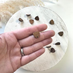 May include: A set of small wooden triangle earrings with a hole in the center. The earrings are a light brown color with darker brown wood grain.