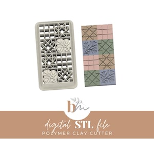 May include: A polymer clay cutter set featuring a rectangular grid design with leaf and geometric patterns. The set includes a rectangular mold and a patterned clay block in pastel colors. The text "digital STL file" is visible.