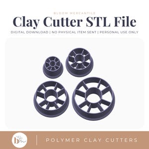 May include: Four dark purple circular clay cutters of varying sizes, each featuring a central ring connected by eight radial spokes. The image includes the text: BLOOM MERCANTILE Clay Cutter STL File DIGITAL DOWNLOAD | NO PHYSICAL ITEM SENT | PERSONAL USE ONLY POLYMER CLAY CUTTERS.
