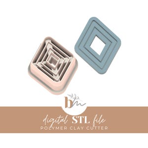May include: Two polymer clay cutters in a geometric diamond shape. One is light pink and the other is light blue. The cutters are designed with a square center and layered diamond shapes. Text at the bottom reads "digital STL file POLYMER CLAY CUTTER."