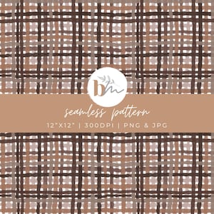 May include: A seamless pattern design featuring a plaid pattern in shades of brown and tan. The design includes the text "seamless pattern" and dimensions of 12"x12". The image is labeled as 300 DPI and available in PNG and JPG formats.