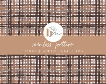 May include: A seamless pattern design featuring a plaid pattern in shades of brown and tan. The design includes the text "seamless pattern" and dimensions of 12"x12". The image is labeled as 300 DPI and available in PNG and JPG formats.