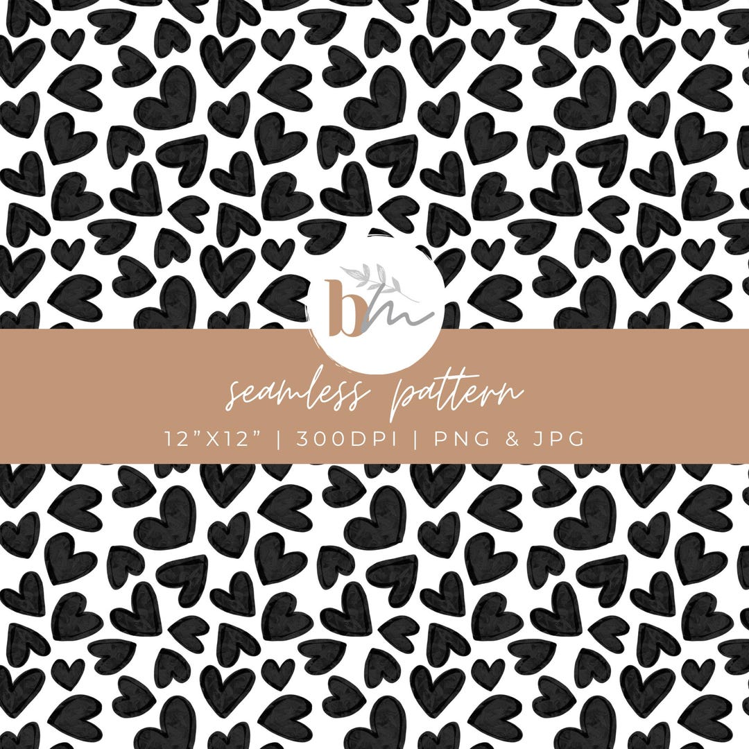 Watercolor Hearts - Black | Digital Seamless Pattern | PNG, JPG ...