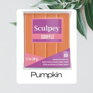 May include: A package of orange Sculpey Soufflé polymer clay, labeled "Pumpkin." The package includes the weight, 1.7 oz (48 g), and the text "Premium Oven-Bake Clay."