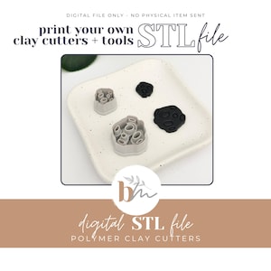 May include: A square, white ceramic plate holds three polymer clay cutters in the image. Two are gray, and one is black. The text "print your own clay cutters + tools STL file" is at the top, and "digital STL file polymer clay cutters" is at the bottom.