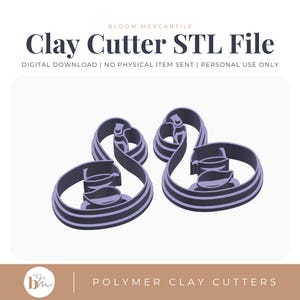 May include: Two purple swan-shaped clay cutters for 3D printing. The text reads: BLOOM MERCANTILE, Clay Cutter STL File, DIGITAL DOWNLOAD | NO PHYSICAL ITEM SENT | PERSONAL USE ONLY, and POLYMER CLAY CUTTERS.