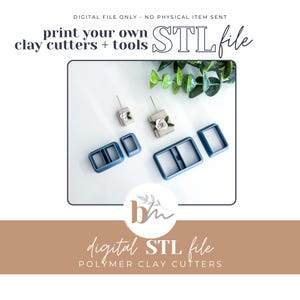 Puede incluir: Imagen que presenta cortadores y herramientas de arcilla polimérica azules, junto con pendientes de arcilla terminados con diseños florales. El texto dice "print your own clay cutters + tools STL file".