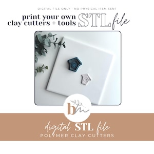 May include: A digital file for polymer clay cutters. The image shows two house-shaped cutters, one teal and one white, on a white surface. Text includes "print your own clay cutters + tools" and "digital STL file."