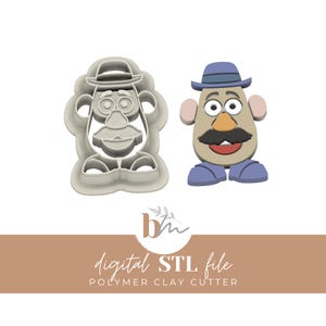 May include: A Mr. Potato Head-shaped polymer clay cutter and a 3D model of Mr. Potato Head. The cutter is light grey, and the model is tan with a black moustache, blue hat, and blue shoes. The text "digital STL file" is visible.