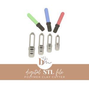 May include: A collection of polymer clay cutters and lightsaber-shaped cutters. The lightsabers are green, blue, and red. The text "digital STL file" and "polymer clay cutter" is visible.
