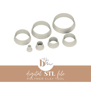 May include: Set of seven white plastic polymer clay tools, including six round cutters of varying sizes and one small cone-shaped tool.