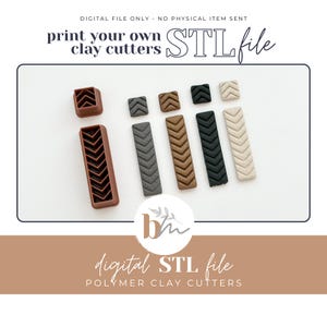 May include: A collection of polymer clay cutters in various colors and shapes, including squares and rectangular pieces with chevron patterns. The image includes the text "print your own clay cutters" and "digital STL file".