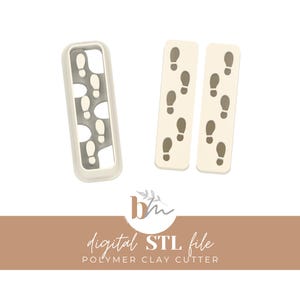 May include: A set of polymer clay cutters featuring a footprint design. The image shows a rectangular cutter with multiple footprints and two separate rectangular cutters with footprints. The text "digital STL file" and "polymer clay cutter" is visible.