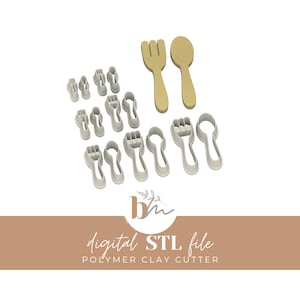 May include: A set of 17 polymer clay cutters in the shape of forks and spoons. The cutters are white and are arranged in a semi-circle. There are two larger cutters in the shape of a fork and spoon, which are gold in color. The text "digital STL file POLYMER CLAY CUTTER" is at the bottom of the image.