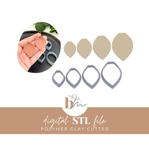 May include: An image featuring a set of polymer clay cutters in various sizes and shapes, including leaf and teardrop designs. The image also shows finished earrings and the text "digital STL file POLYMER CLAY CUTTER".