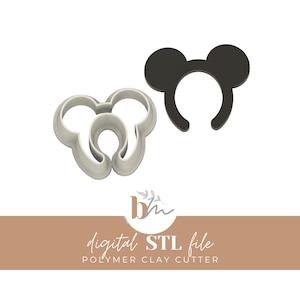 May include: Two polymer clay cutters in the shape of a mouse head and ears. One cutter is a solid black shape of the ears and headband. The other cutter is a light gray, three-dimensional shape of the mouse head.