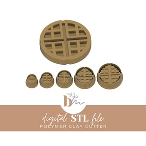 May include: Set of five brown waffle-shaped polymer clay cutters. The cutters are in different sizes, with the largest cutter in the center and the smallest cutter on the left. The cutters are designed to create waffle-shaped designs in polymer clay.