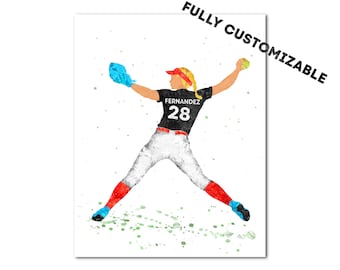 Personalized Softball Pitcher Poster Picture Painting Print Custom Colors Number Name Woman Girl Female Softballer Player Art Gift for her