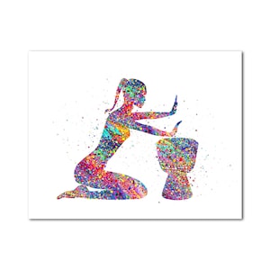 Djembe Drum Player Woman Art Poster Print Colorful Jembe Girl Music Art Illustration Percussion Instrument Female Player Wall Art Decor
