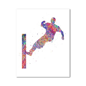 May include: A watercolor painting of a person jumping over a colorful bar. The person is in mid-air, with their legs extended and their arms outstretched. The background is a white canvas with splashes of color.