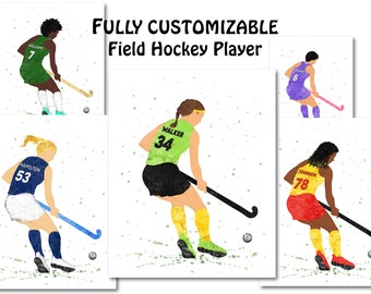 Personalized Field Hockey Female Player Poster Picture Custom Colors Number Name Woman Girl Field Hockey Painting Print Art Gift for her