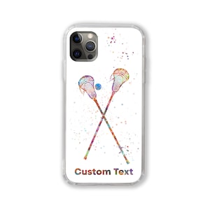 May include: A clear phone case with a colorful watercolor illustration of two lacrosse sticks crossed with a ball in the center. The text "Custom Text" is printed at the bottom of the case.