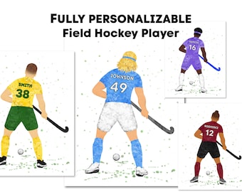 Könnte beinhalten: Vier digitale Illustrationen von Feldhockeyspielern in verschiedenenfarbigen Trikots. Jeder Spieler hält einen Hockeyschläger und hat eine Nummer auf seinem Trikot. Die Spieler befinden sich auf einem weißen Hintergrund mit grünen Spritzern.