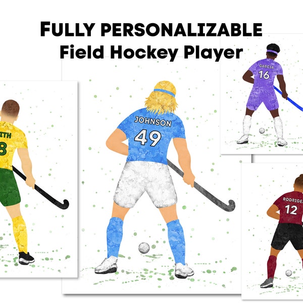 Feldhockey, personalisiertes männliches Spieler-Poster, Gemälde, Bild, Druck, benutzerdefinierte Farben, Nummer, Name, Mann, Junge, Feldhockey-Kunst, Dekor, Geschenk für ihn