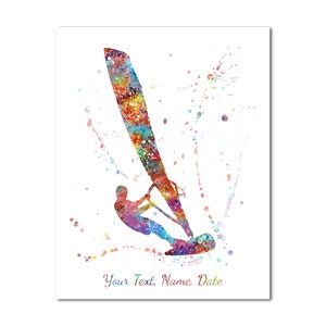 Windsurfing Man Painting Print Personalized Custom Name Text Date Personalised Picture Male Windsurfer Boy Poster Print Sailboarding Gift