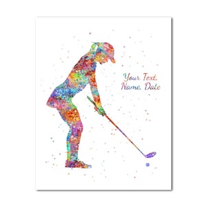 Female Golfer Poster Print Golfing Woman Personalized Custom Name Text Date Painting Print Personalised Picture Golf Player Girl Wall Décor