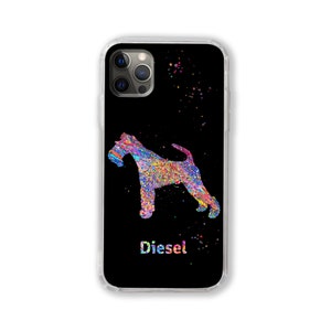 May include: A black phone case with a clear back and a colourful silhouette of a dog with the name "Diesel" printed below. The dog is outlined in a rainbow of colours.