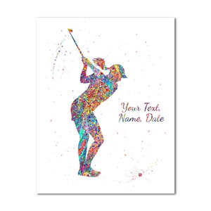 Golfing Woman Painting Print Female Golf Player Customized Custom Name Text Date Picture Personalised Poster Print Golfer Girl Wall Décor