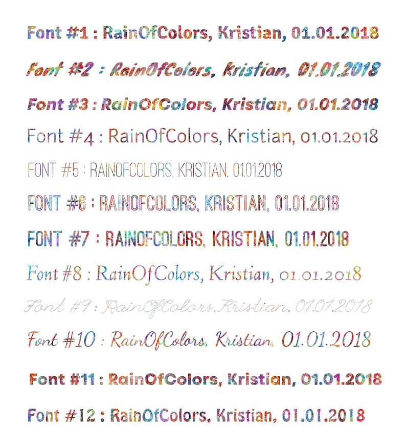 Op de afbeelding: Een verzameling van 12 verschillende lettertypen die de tekst "RainOfColors, Kristian, 01.01.2018" weergeven. De lettertypen zijn kleurrijk en vari&euml;ren in stijl.