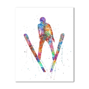 May include: A watercolor painting of a person in a colorful silhouette jumping on skis. The background is white with colorful splatters of paint.